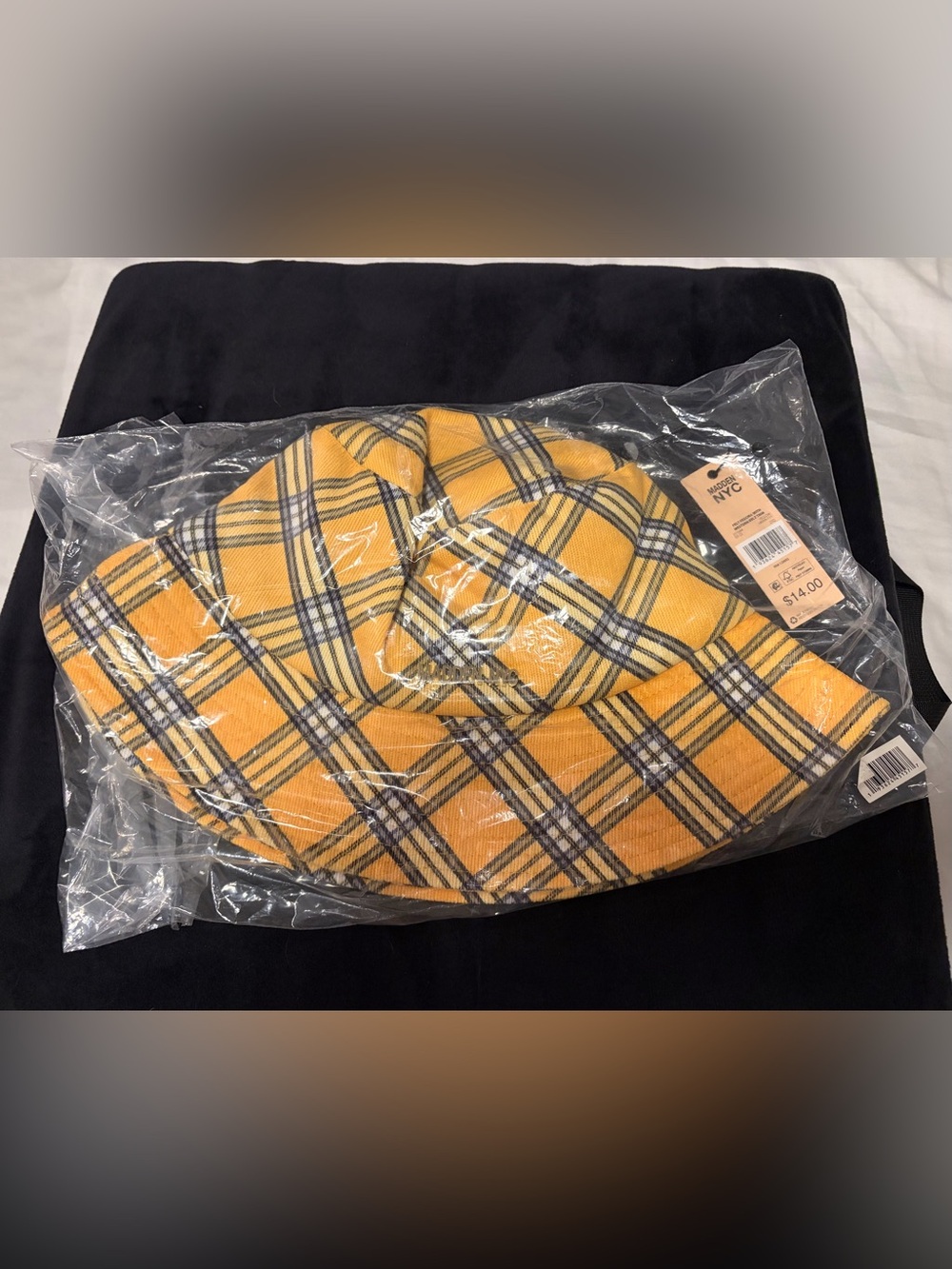 Steve Madden Yellow Plaid Bucket Hat with Gold Logo